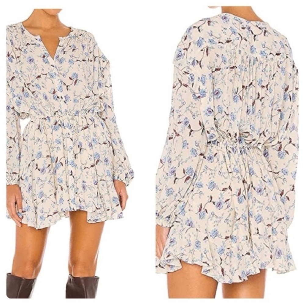 Free People: Cream & Blue Floral Mini Dress with long sleeves. Size M EUC